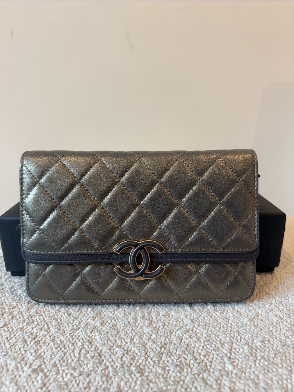 CHANEL Metallic Quilted Crossbody Bag - Silver